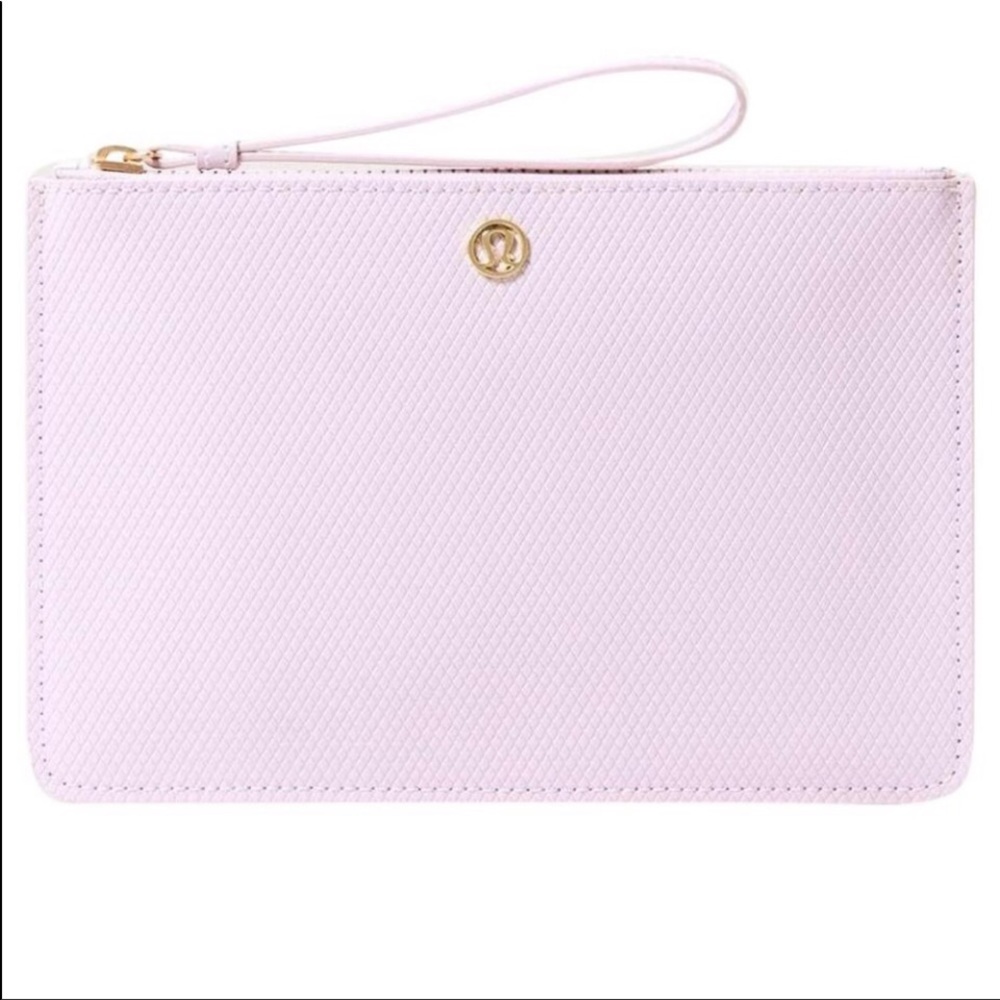 Lululemon Pink Clutch Wristlet Gold Logo Water Resistant Wipes Clean Goody Bag